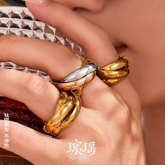 Polished Triple Interlocked Band Ring Gold Tricolor Steel