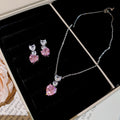 Pink Clear Heart Crystal Necklace Earring Silver Tone Set view 6