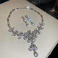Silver Flower Crystal Necklace Drop Earrings Two Sets view 7