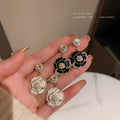 Black and White Camellia Crystal Drop Statement Earrings view 2