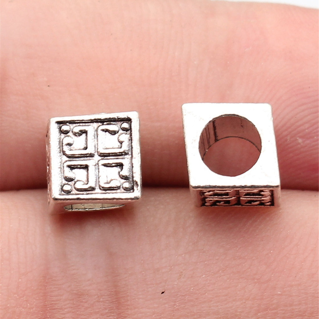 7.8x7.8x7.8mm 1.7g Antique Silver Zinc Alloy Cube Floral Pattern Large Hole Spacer Beads for Bracelet Making