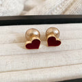 Heart And Pearl Stud Earrings In Black And Burgundy view 7