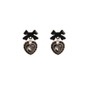 Black Bow Crystal Look Heart Long Dangle Stud Earrings view 5