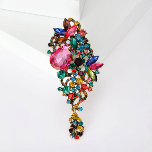 Multicolor cascading crystal drop brooch front close-up