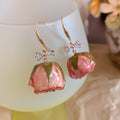 Preserved Pink Rose Bow Hook Earrings Fashion Jewelry Accessory view 6
