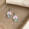 Silver Tone Drop Earrings Pink Green Enamel Floral Plaques view 1