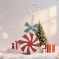 Red White Peppermint Candy Teal Bow Wooden Keychain view 4