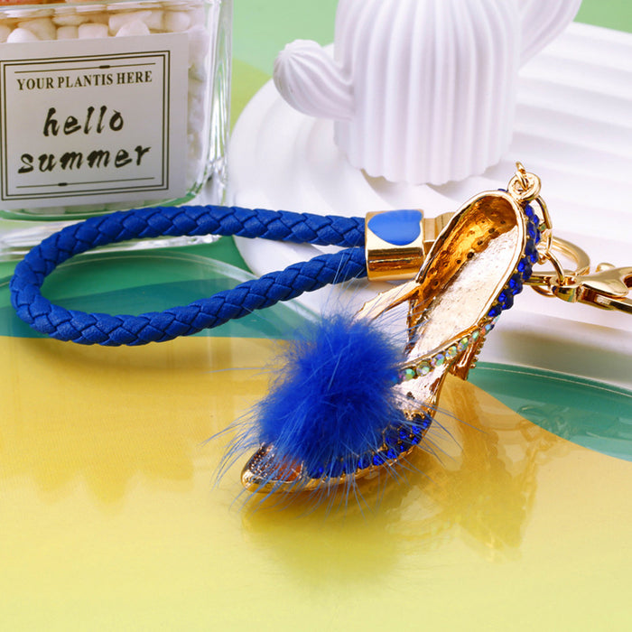 Jeweled Feather Pom High Heel Keychain in Four Pictured Colors