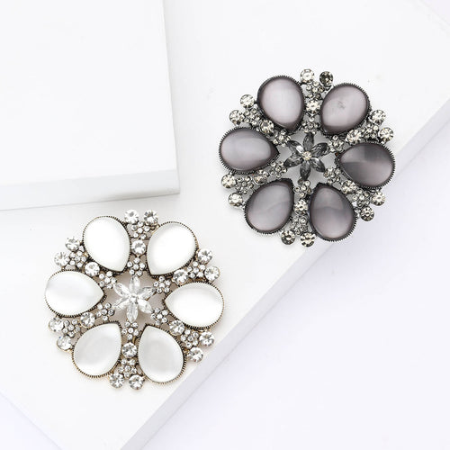 Crystal Framed Cat Eye Cabochon Flower Brooch in Gray and White grouped product view