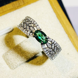 Silver-Tone Brass Ring With Green Oval Stone and Leaf Band