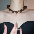 Leopard Cube Wood Bead Necklace Brown Hoop Earrings Set view 4