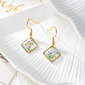 Gold Tone Diamond-Shaped Pressed Flower Drop Earrings in Five Designs view 2