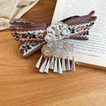 Ethnic Embroidered Bow Hair Clips Silver Filigree Tassels view 1