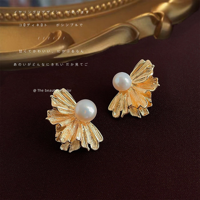 Gold Tone Fan Petal Stud Earrings White Pearl Accent
