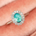 White Gold Teal Oval Halo Ring Clear Pavé Border Sizes 6-10 view 2