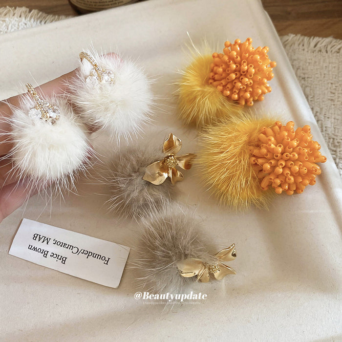 Gold Tone Flower And Pom Pom Drop Stud Earrings Fashion Earrings