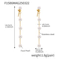 Gold Tone Faux Pearl Long Chain Drop Earrings Stainless Steel view 6