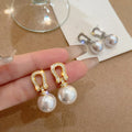 Silver Tone Crystal Horseshoe and Faux Pearl Drop Earrings view 4