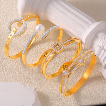Gold Titanium Steel Crystal Pearl Star Square Bangles