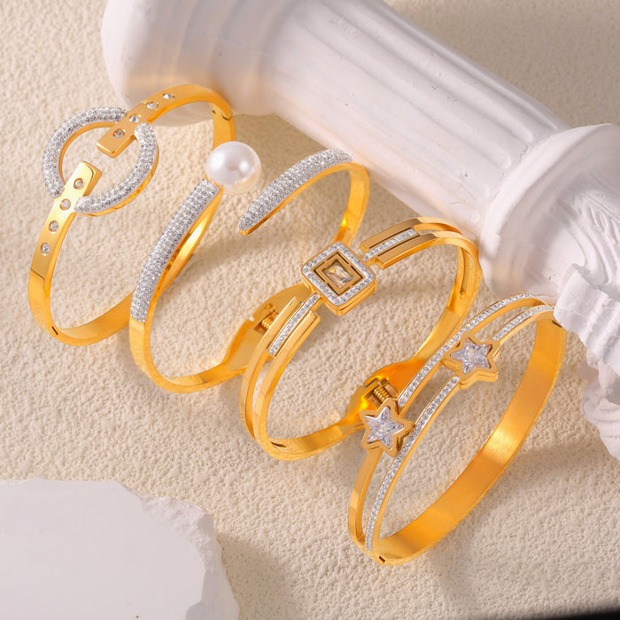 Gold Titanium Steel Crystal Pearl Star Square Bangles
