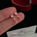 Gold Pink Heart Stud Earrings With Magenta Gem Bears view 3