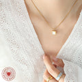 Gold Steel Square White Shell Pendant Snake Chain Necklace view 3