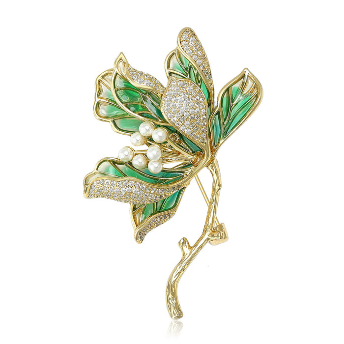 Enamel Leaf Floral Branch Brooch With Pearls in Green or Purple