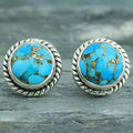Antique Silver Rope Bezel Turquoise Round Stud Earrings view 1