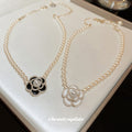 Pearl Strand Camellia Flower Pendant Necklace White Gold Tone view 1