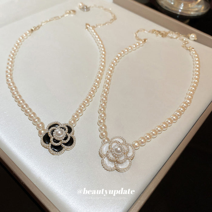 Pearl Strand Camellia Flower Pendant Necklace White Gold Tone
