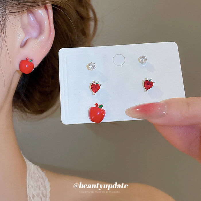 Red Apple Heart And Crystal Stud Earring Set Jewelry Design