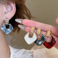 Ink Blue Fan Drop Earrings with Crystal Set Gold Tone Studs view 2