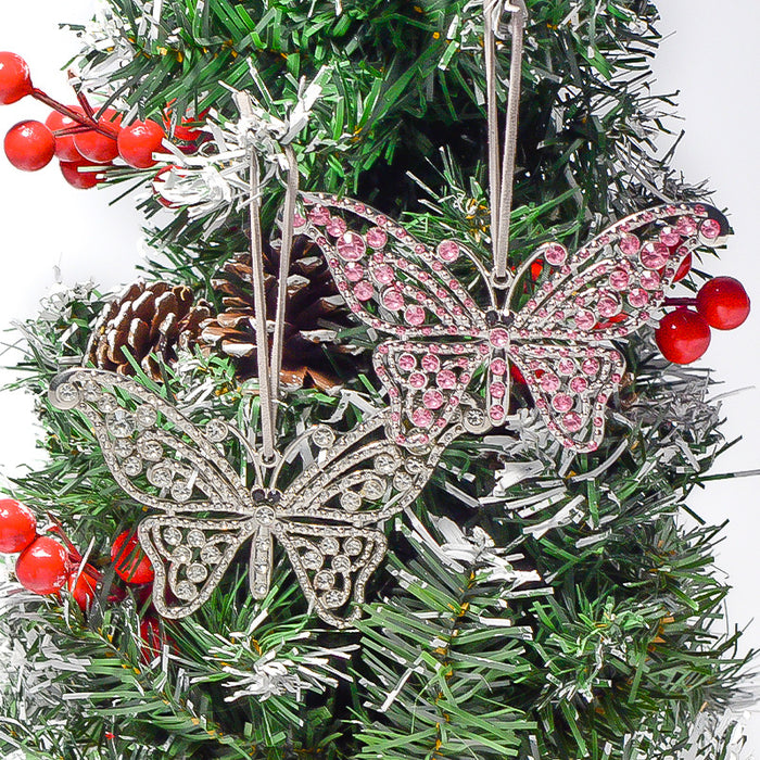 Rhinestone Butterfly Hanging Ornament Pink Clear Silver