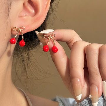 Red Cherry Pair and Clear Stone Bow Gold Tone Stud Earrings