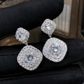 Double Square Halo Crystal Drop Earrings in Silver Tone view 3