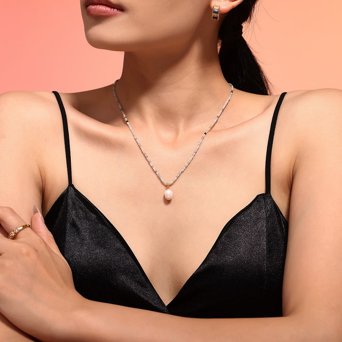 Natural Stone Bead Necklace With Freshwater Pearl Pendant