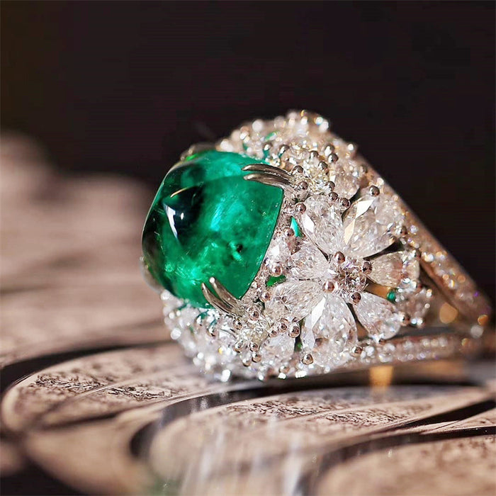 Emerald Green Oval Cluster Statement Ring In Silver Tone