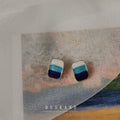 Gold Rim Rectangle Enamel Stud Earrings Blue Gradient Styles view 1