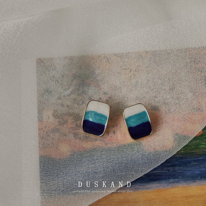 Gold Rim Rectangle Enamel Stud Earrings Blue Gradient Styles
