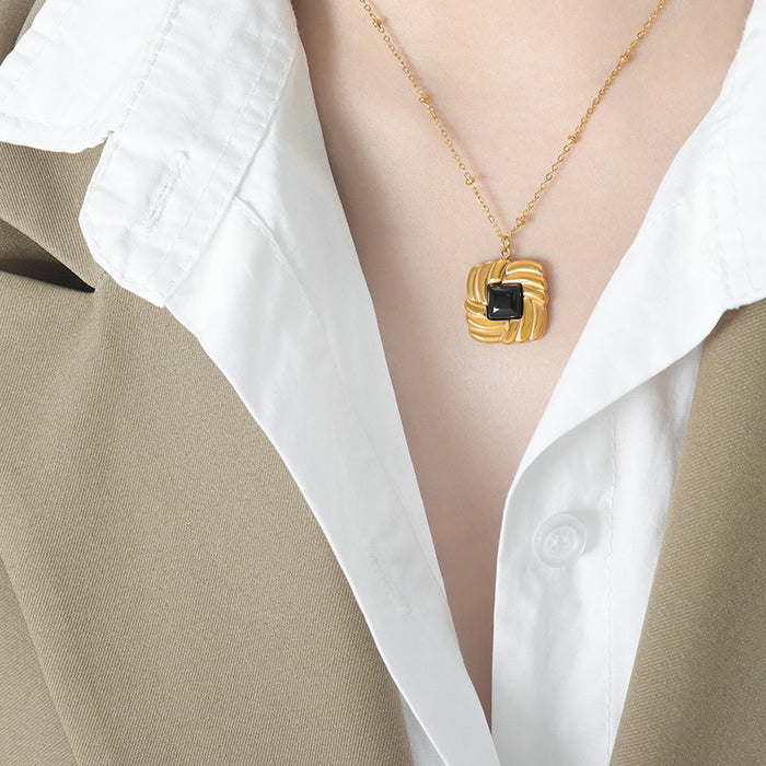 Knot Weave Square Pendant Necklace Stud Earrings Black White