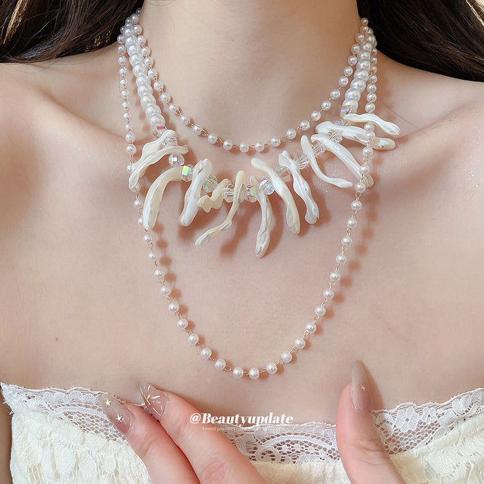 Pearl Like Bead Layered Necklace With Shell Pieces