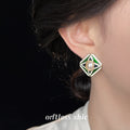 Green Enamel Diamond Pearl Center Stud Earrings Gold Tone view 2