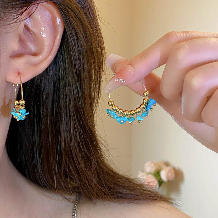 Blue and Multicolor Stone Beaded Gold Tone Hoop Earrings