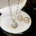 Gold Pearl Square Halo Necklace And Stud Earring Set view 2