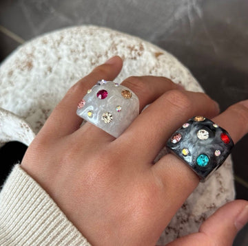 Resin Chunky Wide Band Rings Multicolor Rhinestone Accents