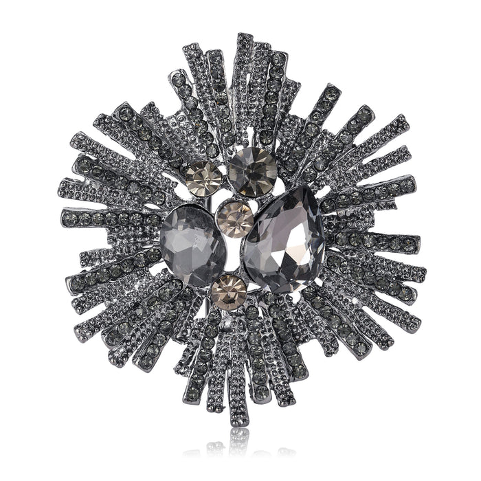 Radiating Crystal Burst Brooch in Black or Antique Gold Tone