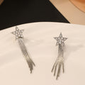 Clear Star Silver Tone Extra Long Tassel Clip Earrings view 3