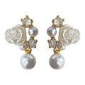 Gold Pearl Rose Flower Drop Earrings With Clear Stones view 5