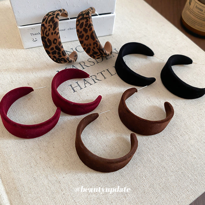 Flocked C Hoop Stud Earrings in Leopard and Burgundy