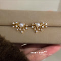 Gold Firework Pearl Crystal Starburst Stud Earrings Pair view 1